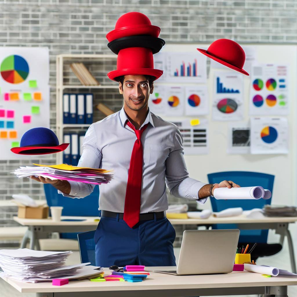 A startup founder wearing multiple hats, with one of the most critical being the sales hat