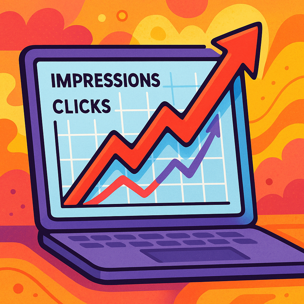 Concept of SEO performance showing impressions and clicks increasing