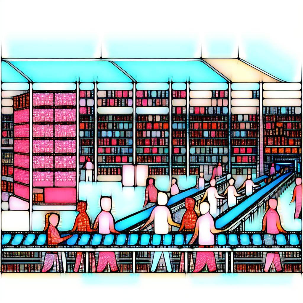 a modern abstract cartoon image in a japanese style of a busy ecommerce fulfilment warehouse, using pink, white and blue as the main colours