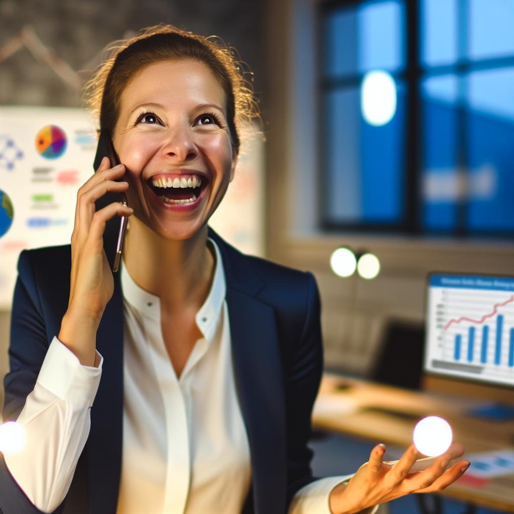 happy female startup founder making a phone call